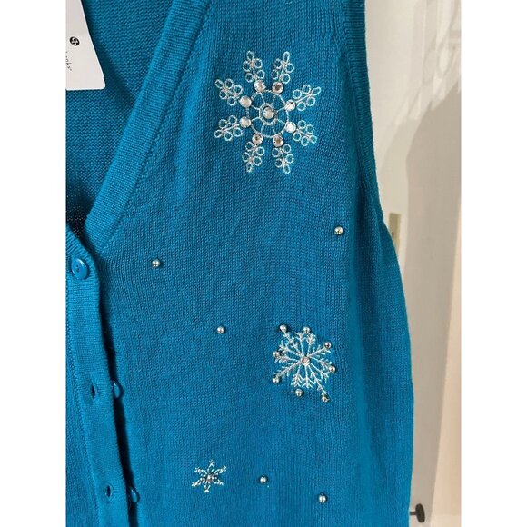 NWT VINTAGE Christopher & Banks Womens XL Snowflake Embroidered Teal Vest 55% Ra - Picture 2 of 8